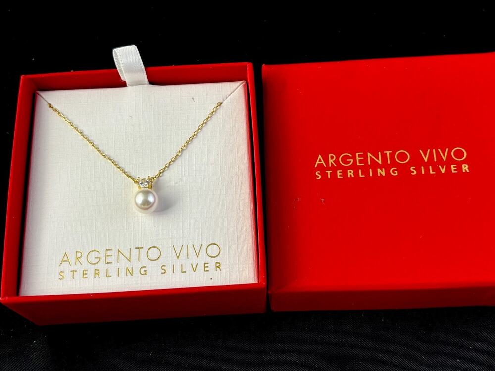 NEW Argento Vivo 925 Sterling Silver Round CZ White Pearl Pendant Necklace Box